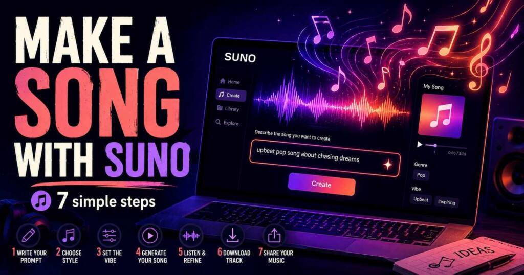 Beginner using the Suno interface to make a song with Suno from a text prompt