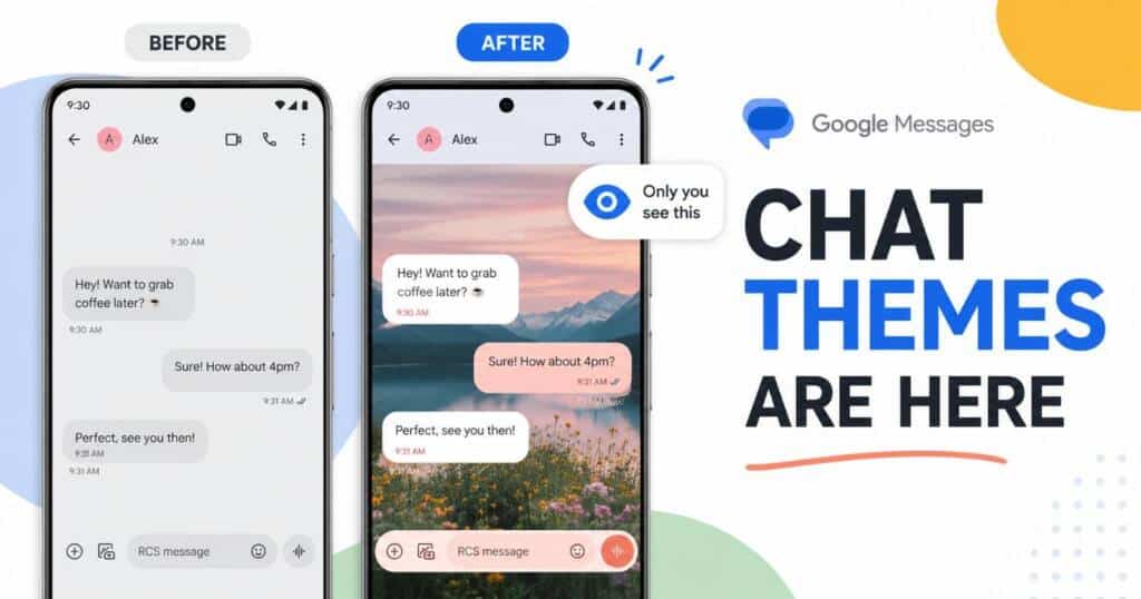 Google Messages chat themes screen showing wallpaper and color options for an RCS conversation