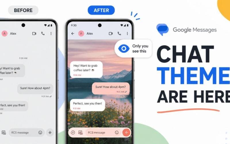 Google Messages chat themes screen showing wallpaper and color options for an RCS conversation