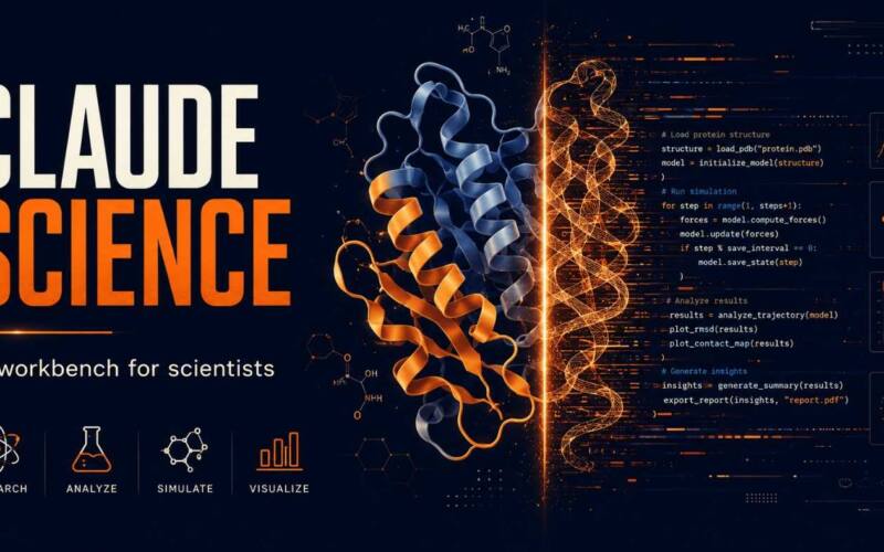 Claude Science AI workbench rendering a 3D protein structure alongside its source code