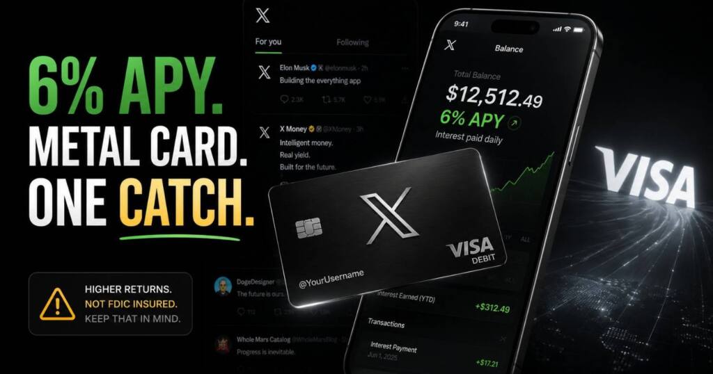 X Money black metal Visa debit card and 6% APY feature breakdown for Musk's everything app