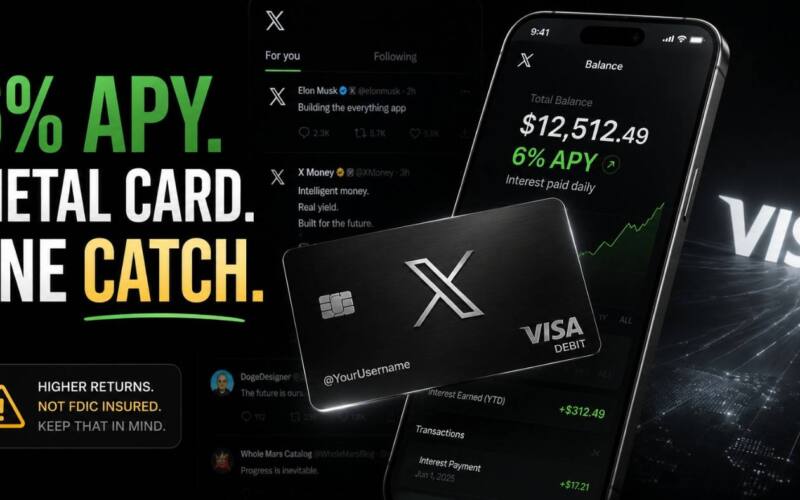 X Money black metal Visa debit card and 6% APY feature breakdown for Musk's everything app