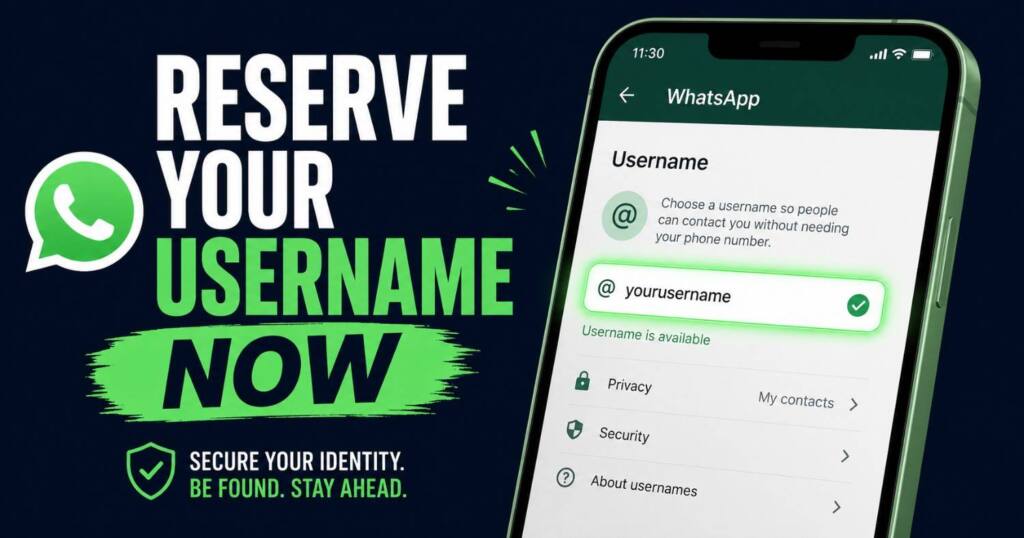 Reserve your WhatsApp username screen showing Settings, Account, Username path