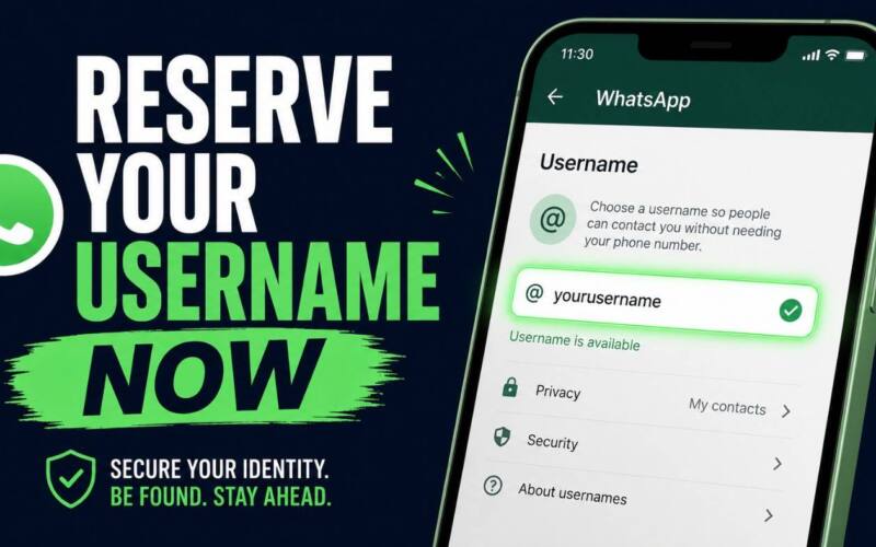 Reserve your WhatsApp username screen showing Settings, Account, Username path
