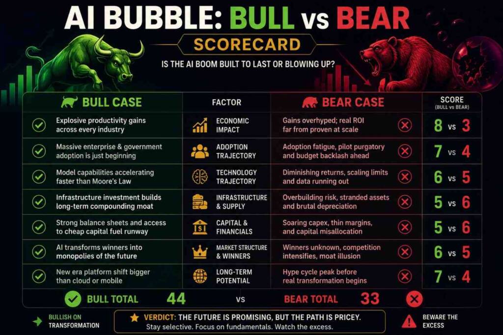 AI bubble bull versus bear case scorecard chart